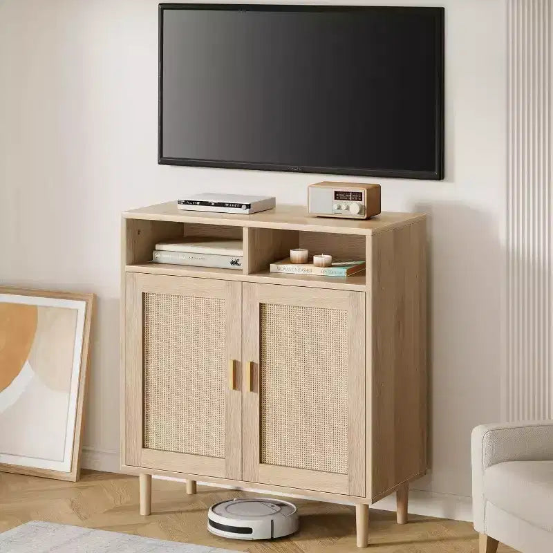 Rattan Sideboard Buffet Cabinet Kitchen Storage with Adjustable Shelf, Modern Farmhouse TV Stand & Coffee Bar for Dining/Living Room