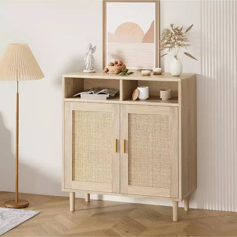 Rattan Sideboard Buffet Cabinet Kitchen Storage with Adjustable Shelf, Modern Farmhouse TV Stand & Coffee Bar for Dining/Living Room