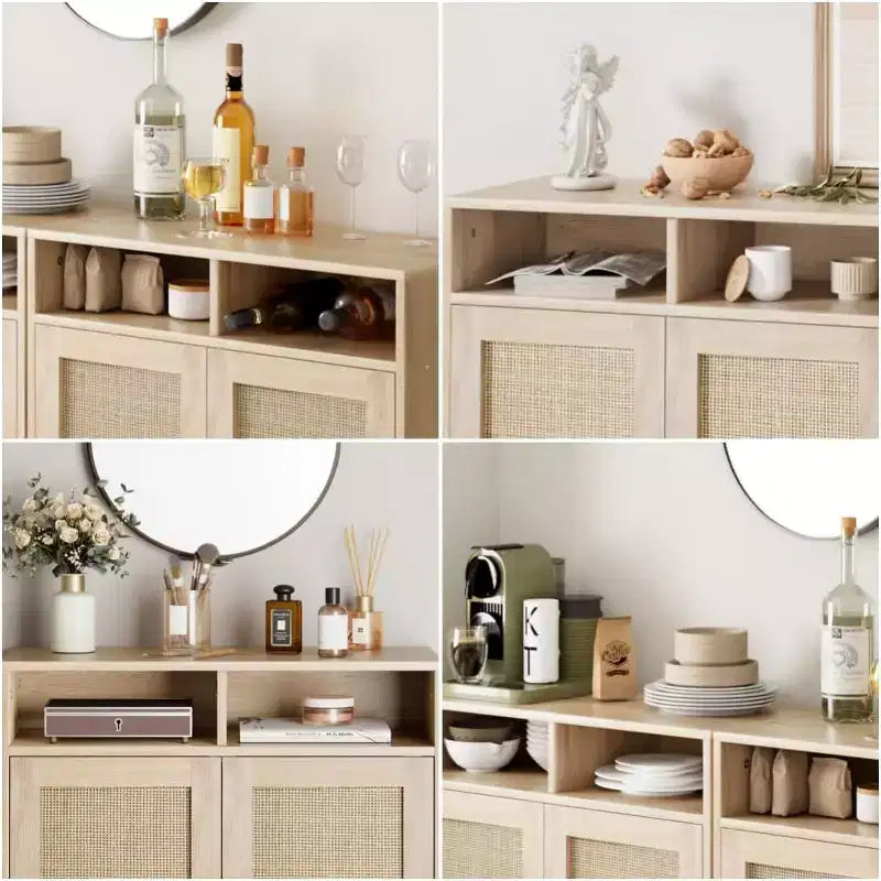 Rattan Sideboard Buffet Cabinet Kitchen Storage with Adjustable Shelf, Modern Farmhouse TV Stand & Coffee Bar for Dining/Living Room