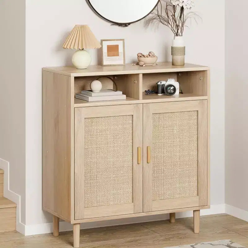 Rattan Sideboard Buffet Cabinet Kitchen Storage with Adjustable Shelf, Modern Farmhouse TV Stand & Coffee Bar for Dining/Living Room