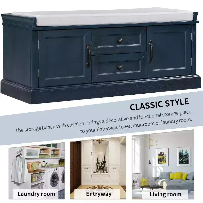 TUYOHW Storage Bench with 2 Drawers and 2 Cabinets, Shoe Bench with Removable Cushion for Living Room and Entryway, Antique Navy
