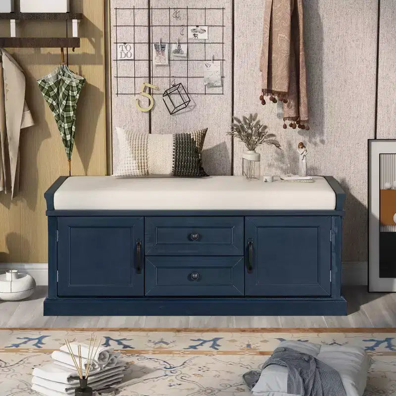 TUYOHW Storage Bench with 2 Drawers and 2 Cabinets, Shoe Bench with Removable Cushion for Living Room and Entryway, Antique Navy