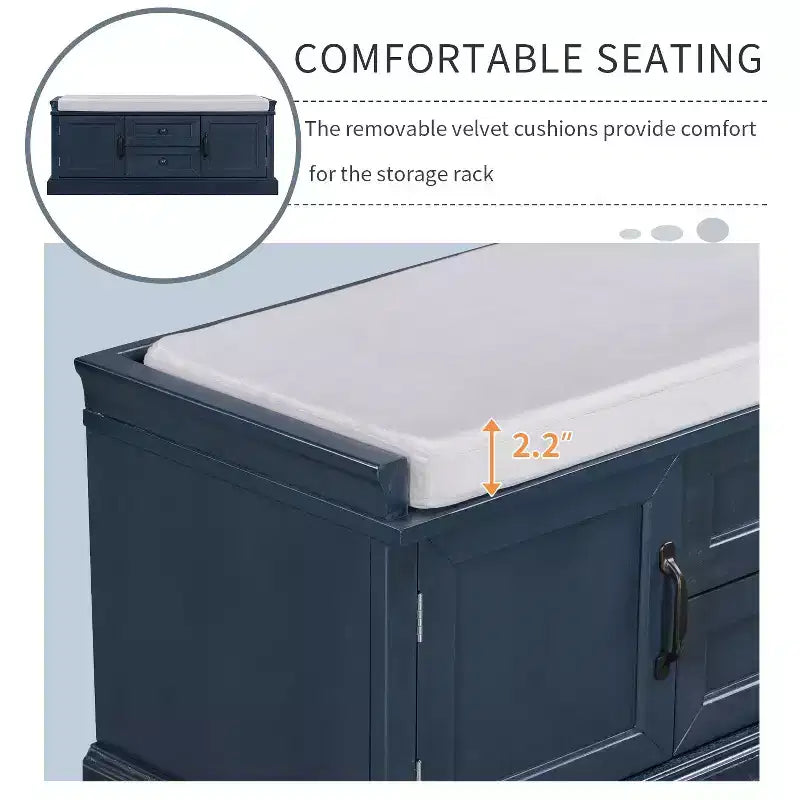 TUYOHW Storage Bench with 2 Drawers and 2 Cabinets, Shoe Bench with Removable Cushion for Living Room and Entryway, Antique Navy