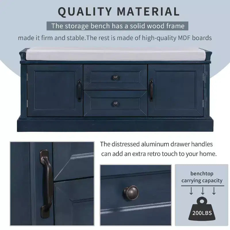 TUYOHW Storage Bench with 2 Drawers and 2 Cabinets, Shoe Bench with Removable Cushion for Living Room and Entryway, Antique Navy
