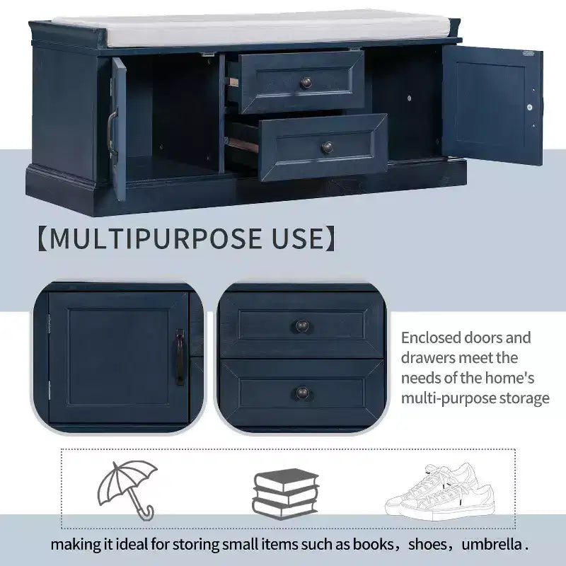 TUYOHW Storage Bench with 2 Drawers and 2 Cabinets, Shoe Bench with Removable Cushion for Living Room and Entryway, Antique Navy