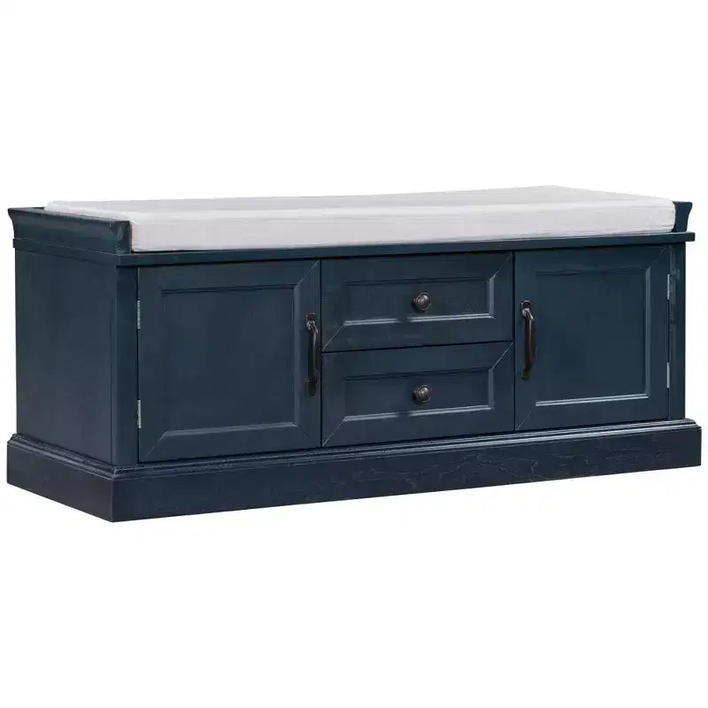TUYOHW Storage Bench with 2 Drawers and 2 Cabinets, Shoe Bench with Removable Cushion for Living Room and Entryway, Antique Navy