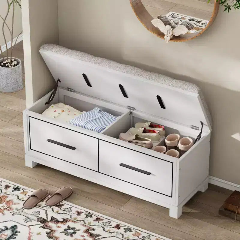 TUYOHW Shoe Bench with Removable Cushion, Entryway Bench with Hidden Storage for Living Room, Entryway and Hallways, White