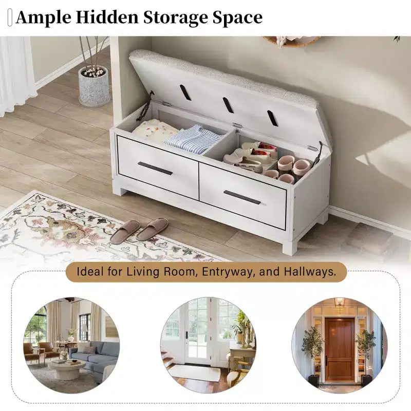 TUYOHW Shoe Bench with Removable Cushion, Entryway Bench with Hidden Storage for Living Room, Entryway and Hallways, White