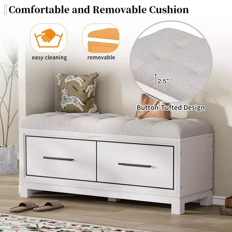 TUYOHW Shoe Bench with Removable Cushion, Entryway Bench with Hidden Storage for Living Room, Entryway and Hallways, White