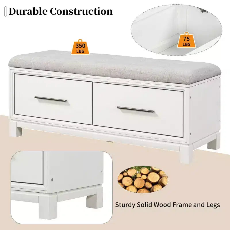 TUYOHW Shoe Bench with Removable Cushion, Entryway Bench with Hidden Storage for Living Room, Entryway and Hallways, White