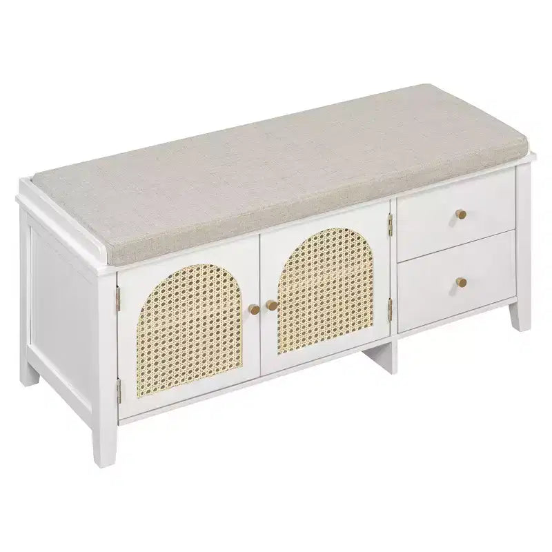 TUYOHW Shoe Storage Bench, Vintage Shoe Bench with Storage and Cushion, Shoe Bench with 2 Drawers and 2 Rattan Door for Entryway, White