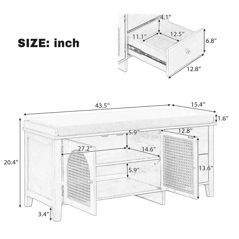 TUYOHW Shoe Storage Bench, Vintage Shoe Bench with Storage and Cushion, Shoe Bench with 2 Drawers and 2 Rattan Door for Entryway, White