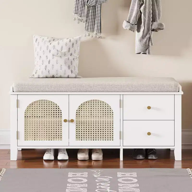 TUYOHW Shoe Storage Bench, Vintage Shoe Bench with Storage and Cushion, Shoe Bench with 2 Drawers and 2 Rattan Door for Entryway, White