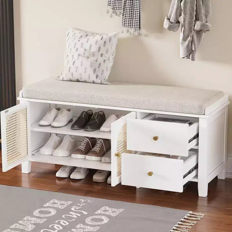 TUYOHW Shoe Storage Bench, Vintage Shoe Bench with Storage and Cushion, Shoe Bench with 2 Drawers and 2 Rattan Door for Entryway, White
