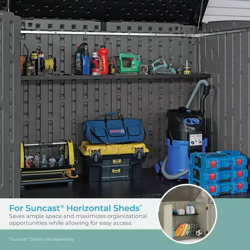 Suncast Horizontal or XL Vertical Shed Shelf Kit, Space Saving Shelving for Wall Mount Outdoor Storage Structures, 50 W x 10.25 D x 1.25 H, Black