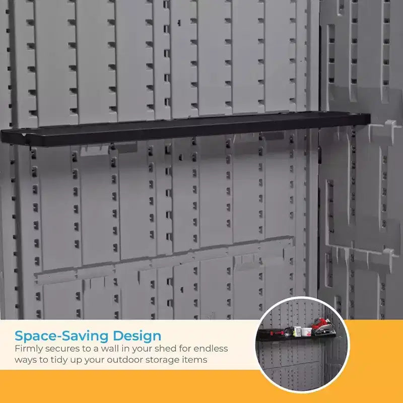 Suncast Horizontal or XL Vertical Shed Shelf Kit, Space Saving Shelving for Wall Mount Outdoor Storage Structures, 50 W x 10.25 D x 1.25 H, Black