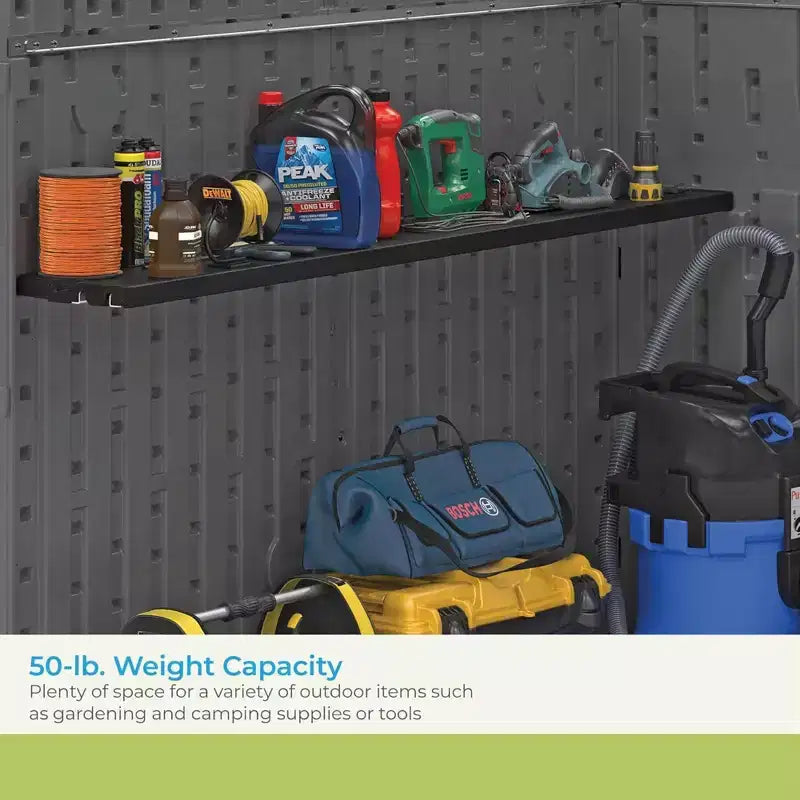 Suncast Horizontal or XL Vertical Shed Shelf Kit, Space Saving Shelving for Wall Mount Outdoor Storage Structures, 50 W x 10.25 D x 1.25 H, Black