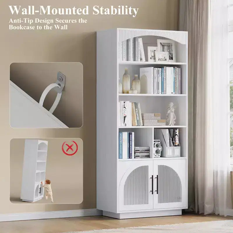 SOLACE FURNITURE 70 Tall Bookshelf, Bookcase with Doors, 5 Tier Bookshelf with Cabinet & Adjustable Shelves