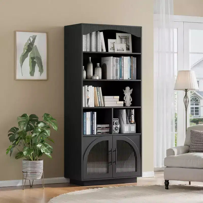 SOLACE FURNITURE 70 Tall Bookshelf, Bookcase with Doors, 5 Tier Bookshelf with Cabinet & Adjustable Shelves