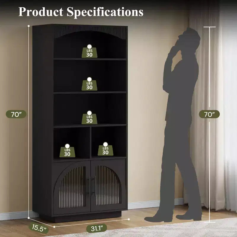 SOLACE FURNITURE 70 Tall Bookshelf, Bookcase with Doors, 5 Tier Bookshelf with Cabinet & Adjustable Shelves