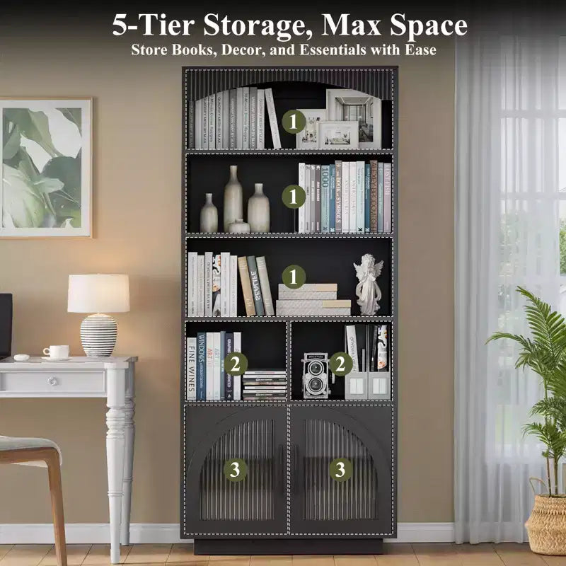 SOLACE FURNITURE 70 Tall Bookshelf, Bookcase with Doors, 5 Tier Bookshelf with Cabinet & Adjustable Shelves