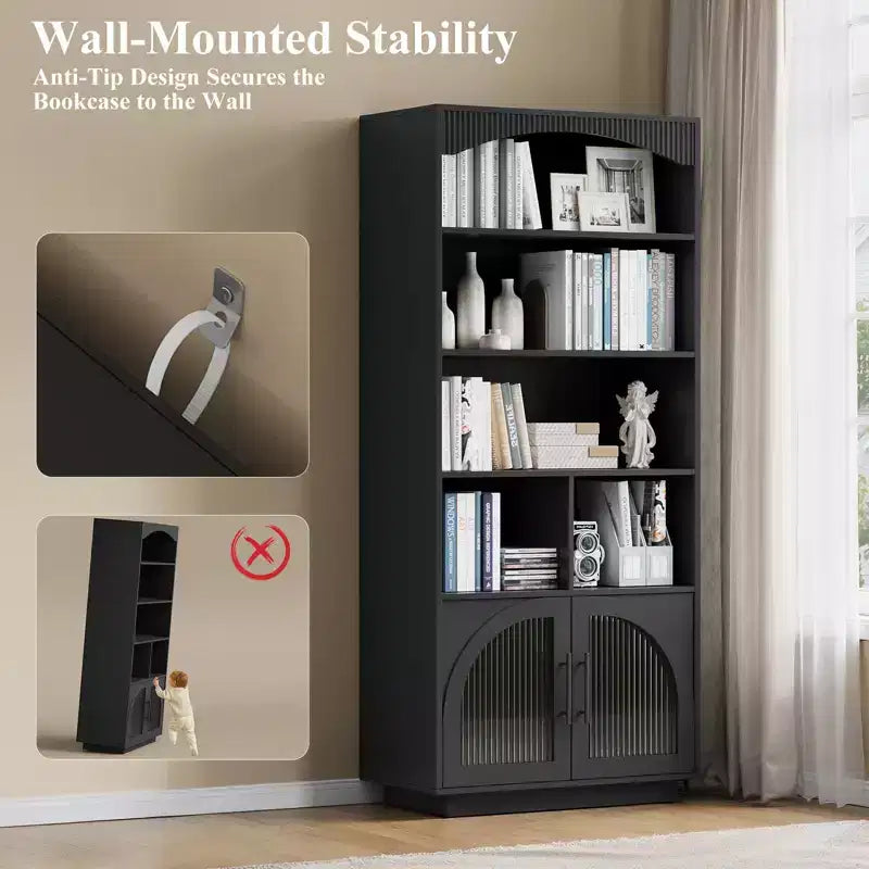 SOLACE FURNITURE 70 Tall Bookshelf, Bookcase with Doors, 5 Tier Bookshelf with Cabinet & Adjustable Shelves