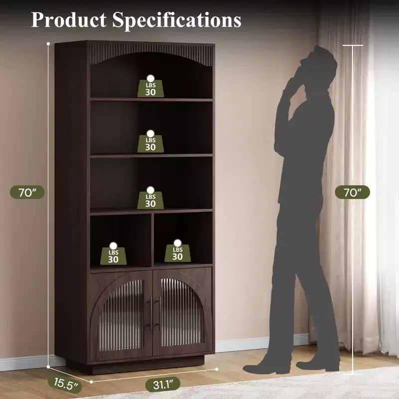 SOLACE FURNITURE 70 Tall Bookshelf, Bookcase with Doors, 5 Tier Bookshelf with Cabinet & Adjustable Shelves
