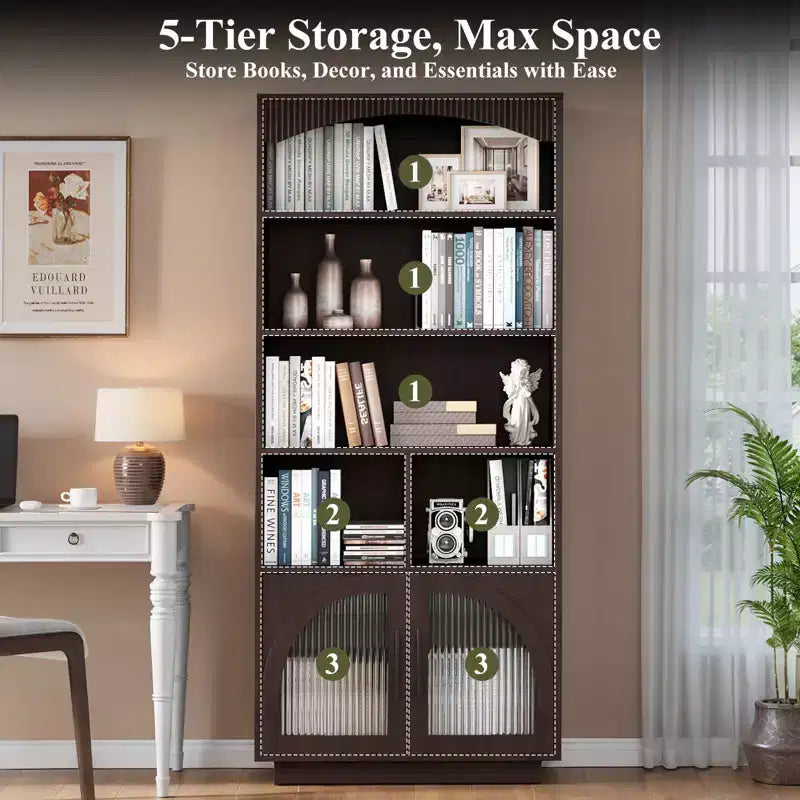 SOLACE FURNITURE 70 Tall Bookshelf, Bookcase with Doors, 5 Tier Bookshelf with Cabinet & Adjustable Shelves