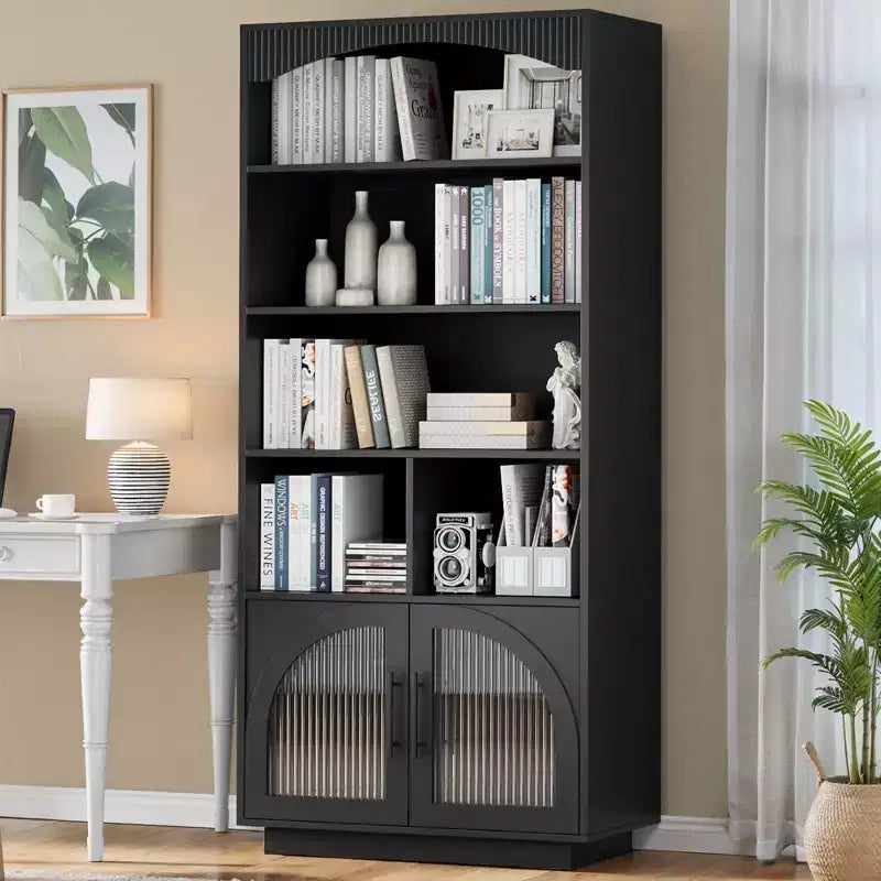 SOLACE FURNITURE 70 Tall Bookshelf, Bookcase with Doors, 5 Tier Bookshelf with Cabinet & Adjustable Shelves