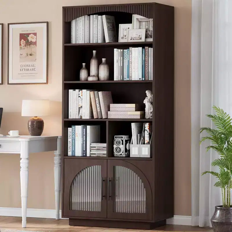 SOLACE FURNITURE 70 Tall Bookshelf, Bookcase with Doors, 5 Tier Bookshelf with Cabinet & Adjustable Shelves