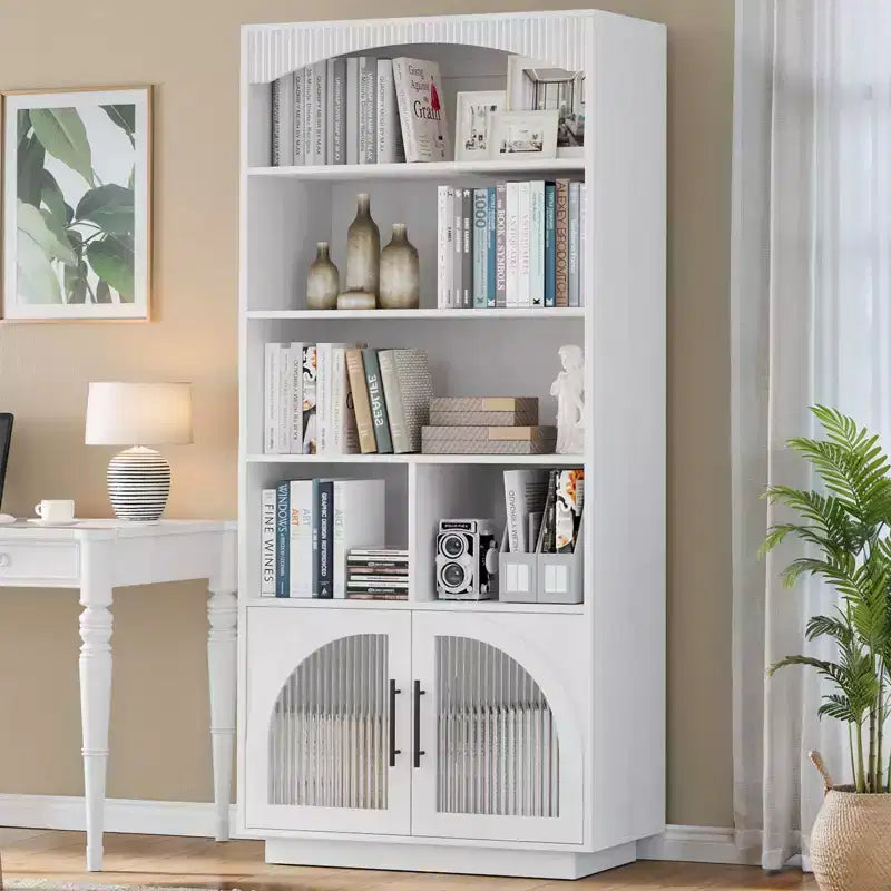 SOLACE FURNITURE 70 Tall Bookshelf, Bookcase with Doors, 5 Tier Bookshelf with Cabinet & Adjustable Shelves