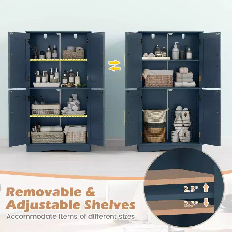 Costway Bathroom Floor Storage Cabinet 43.5 Freestanding Pantry Cabinet with 4 Doors Black/Blue/Gray/White