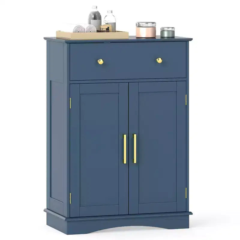 Costway Bathroom Floor Cabinet Modern Storage Cabinet with Large Pull-out Drawer,2 Doors Black/Blue/Gray/White/Black+White