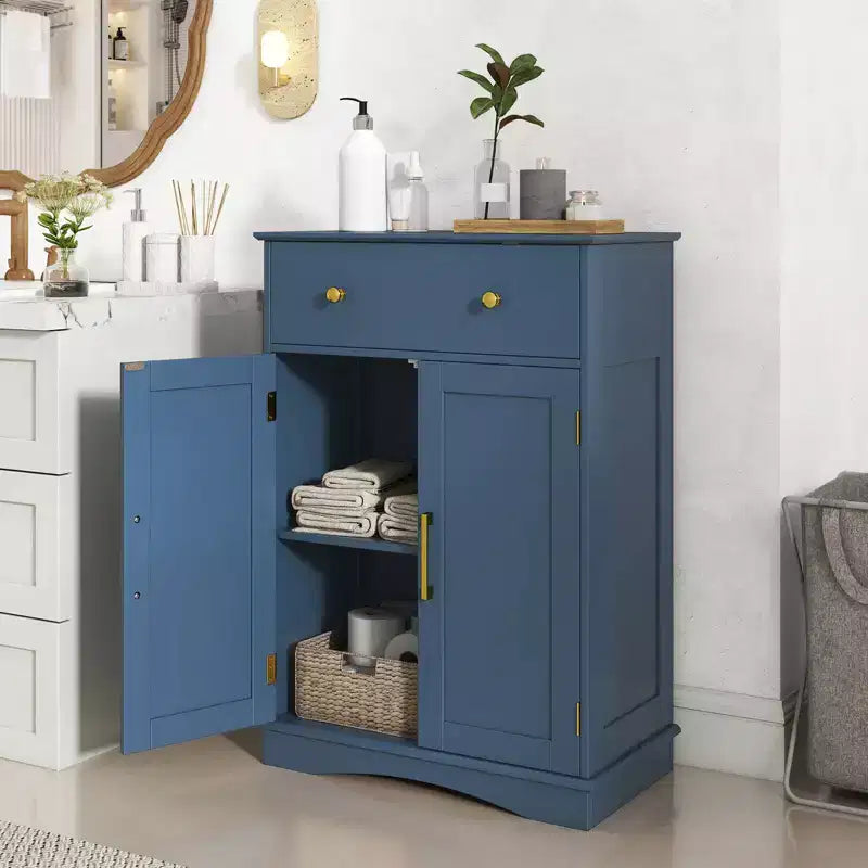 Costway Bathroom Floor Cabinet Modern Storage Cabinet with Large Pull-out Drawer,2 Doors Black/Blue/Gray/White/Black+White