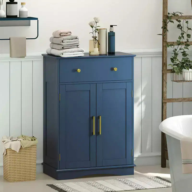 Costway Bathroom Floor Cabinet Modern Storage Cabinet with Large Pull-out Drawer,2 Doors Black/Blue/Gray/White/Black+White