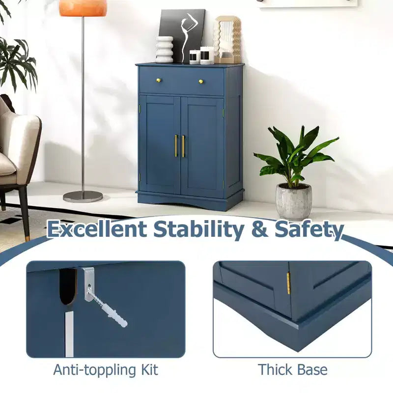 Costway Bathroom Floor Cabinet Modern Storage Cabinet with Large Pull-out Drawer,2 Doors Black/Blue/Gray/White/Black+White