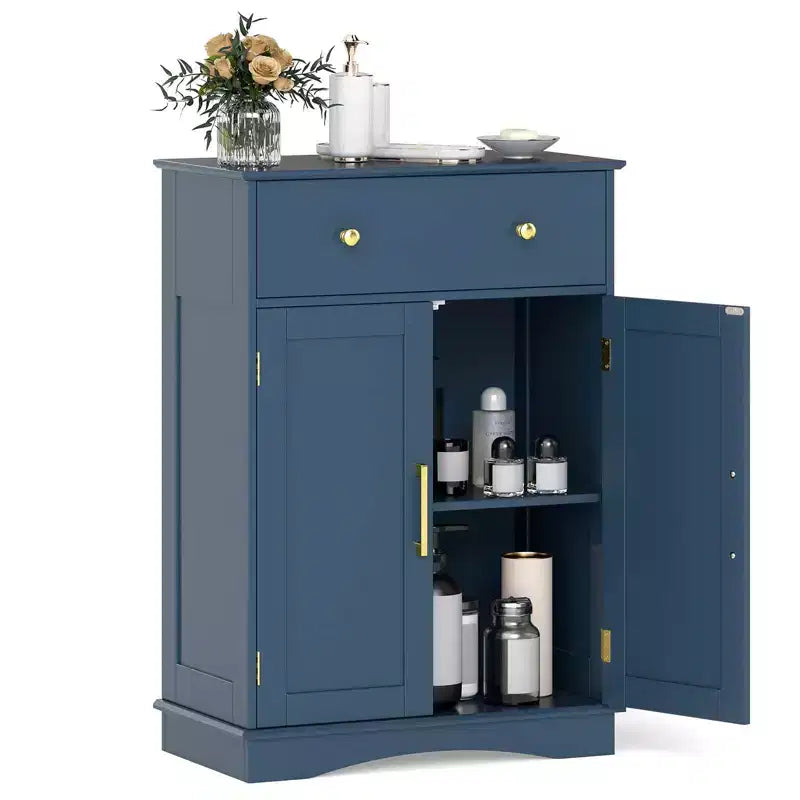 Costway Bathroom Floor Cabinet Modern Storage Cabinet with Large Pull-out Drawer,2 Doors Black/Blue/Gray/White/Black+White