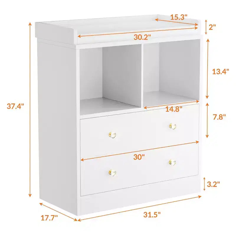 Baby Changing Table, Changing Tablewith Pad, 2 Drawers and 2 Open Compartments for Nursery Room with Modern White Diaper Changing Station, Bedroom