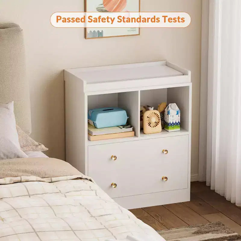 Baby Changing Table, Changing Tablewith Pad, 2 Drawers and 2 Open Compartments for Nursery Room with Modern White Diaper Changing Station, Bedroom