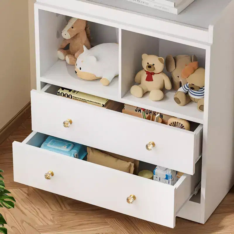 Baby Changing Table, Changing Tablewith Pad, 2 Drawers and 2 Open Compartments for Nursery Room with Modern White Diaper Changing Station, Bedroom