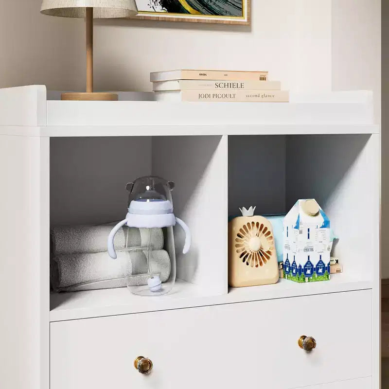 Baby Changing Table, Changing Tablewith Pad, 2 Drawers and 2 Open Compartments for Nursery Room with Modern White Diaper Changing Station, Bedroom