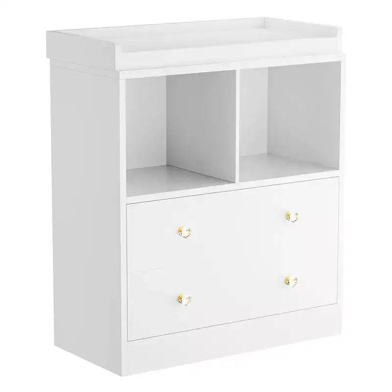 Baby Changing Table, Changing Tablewith Pad, 2 Drawers and 2 Open Compartments for Nursery Room with Modern White Diaper Changing Station, Bedroom