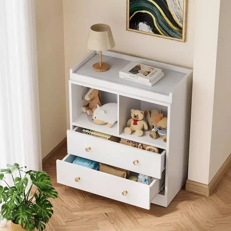 Baby Changing Table, Changing Tablewith Pad, 2 Drawers and 2 Open Compartments for Nursery Room with Modern White Diaper Changing Station, Bedroom