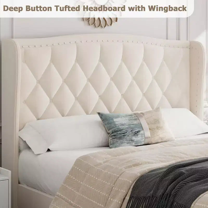 Velvet Upholstered Full Size Platform Bed with Wingback Headboard