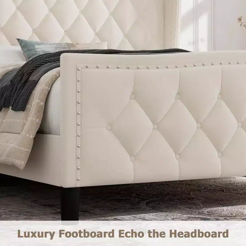 Velvet Upholstered Full Size Platform Bed with Wingback Headboard