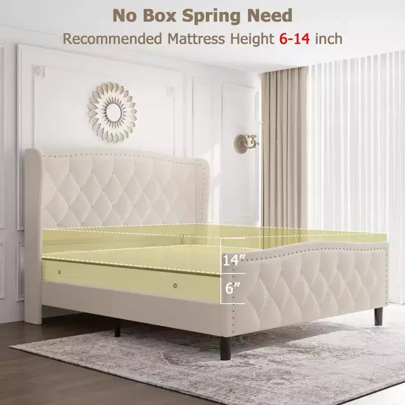 Velvet Upholstered Full Size Platform Bed with Wingback Headboard