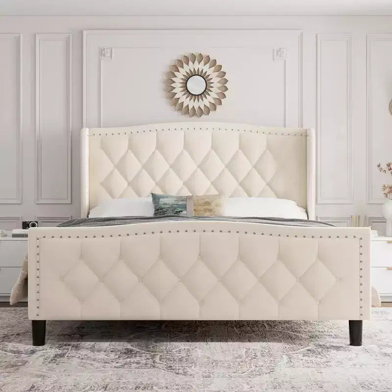 Velvet Upholstered Full Size Platform Bed with Wingback Headboard