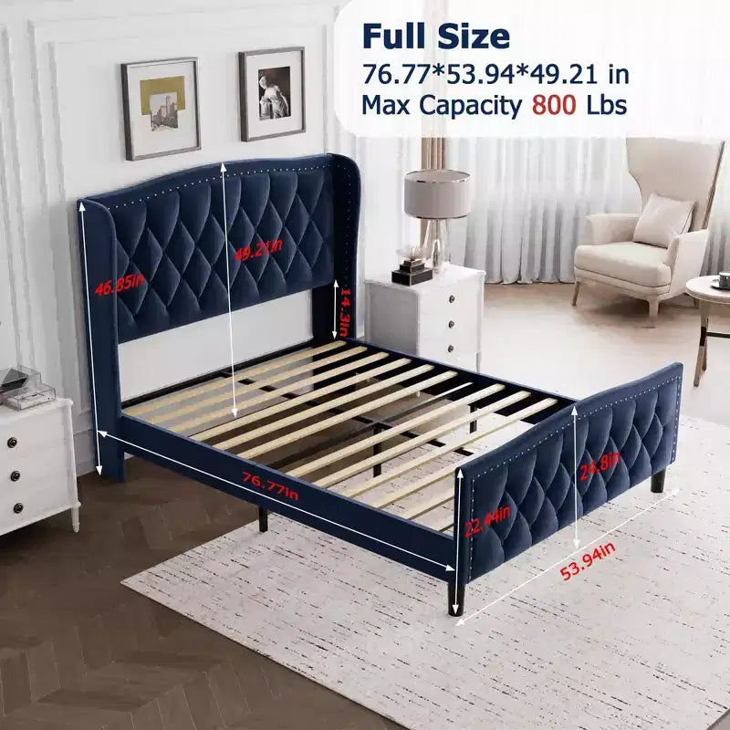 Velvet Upholstered Full Size Platform Bed with Wingback Headboard