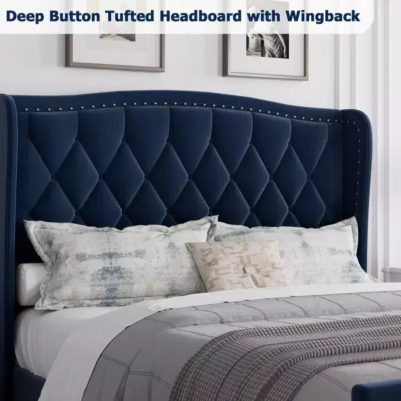 Velvet Upholstered Full Size Platform Bed with Wingback Headboard