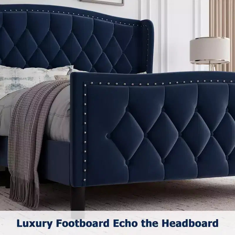 Velvet Upholstered Full Size Platform Bed with Wingback Headboard